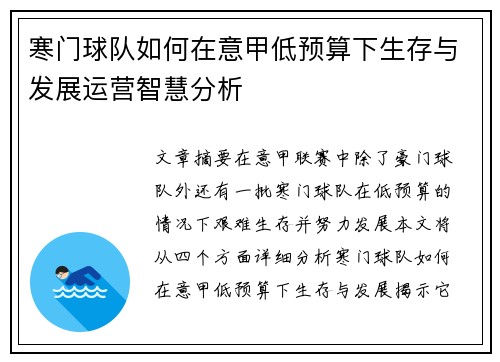 寒门球队如何在意甲低预算下生存与发展运营智慧分析