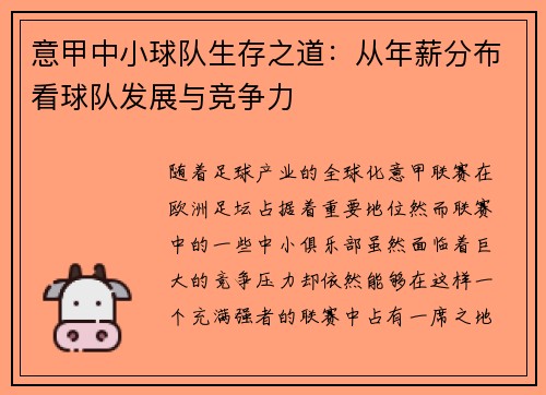 意甲中小球队生存之道：从年薪分布看球队发展与竞争力